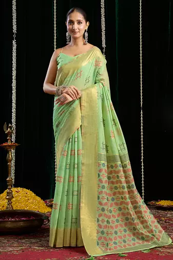 light green soft cotton blend jari border with zhallar festive wear saree