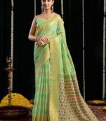 light green soft cotton blend jari border with zhallar festive wear saree