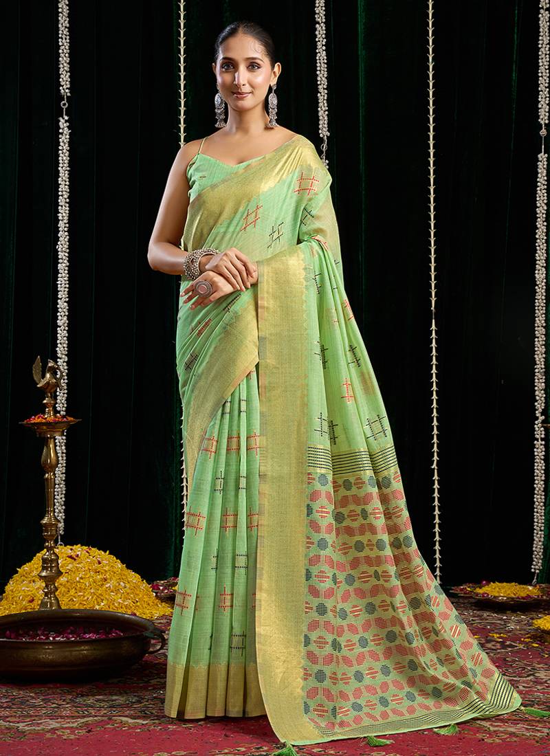 light green soft cotton blend jari border with zhallar festive wear saree