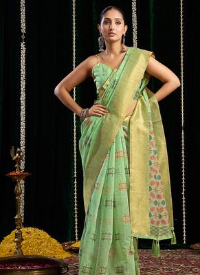 light green soft cotton blend jari border with zhallar festive wear saree 2