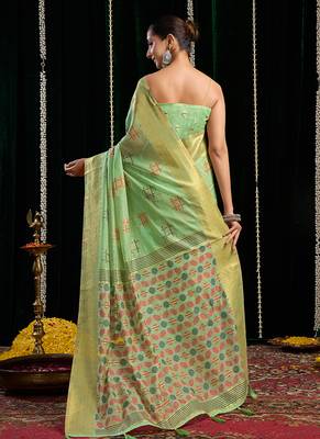 light green soft cotton blend jari border with zhallar festive wear saree 3