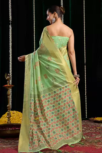 light green soft cotton blend jari border with zhallar festive wear saree