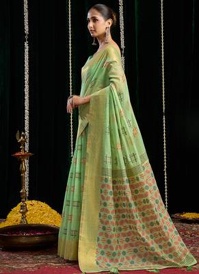 light green soft cotton blend jari border with zhallar festive wear saree 4