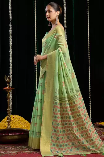 light green soft cotton blend jari border with zhallar festive wear saree