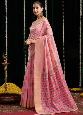 baby pink soft cotton blend jari border with zhallar festive wear saree 1