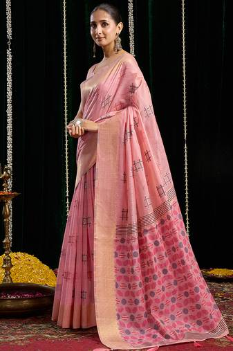 baby pink soft cotton blend jari border with zhallar festive wear saree