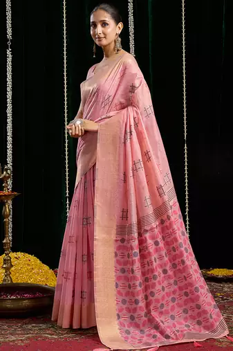 baby pink soft cotton blend jari border with zhallar festive wear saree