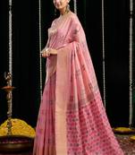 baby pink soft cotton blend jari border with zhallar festive wear saree