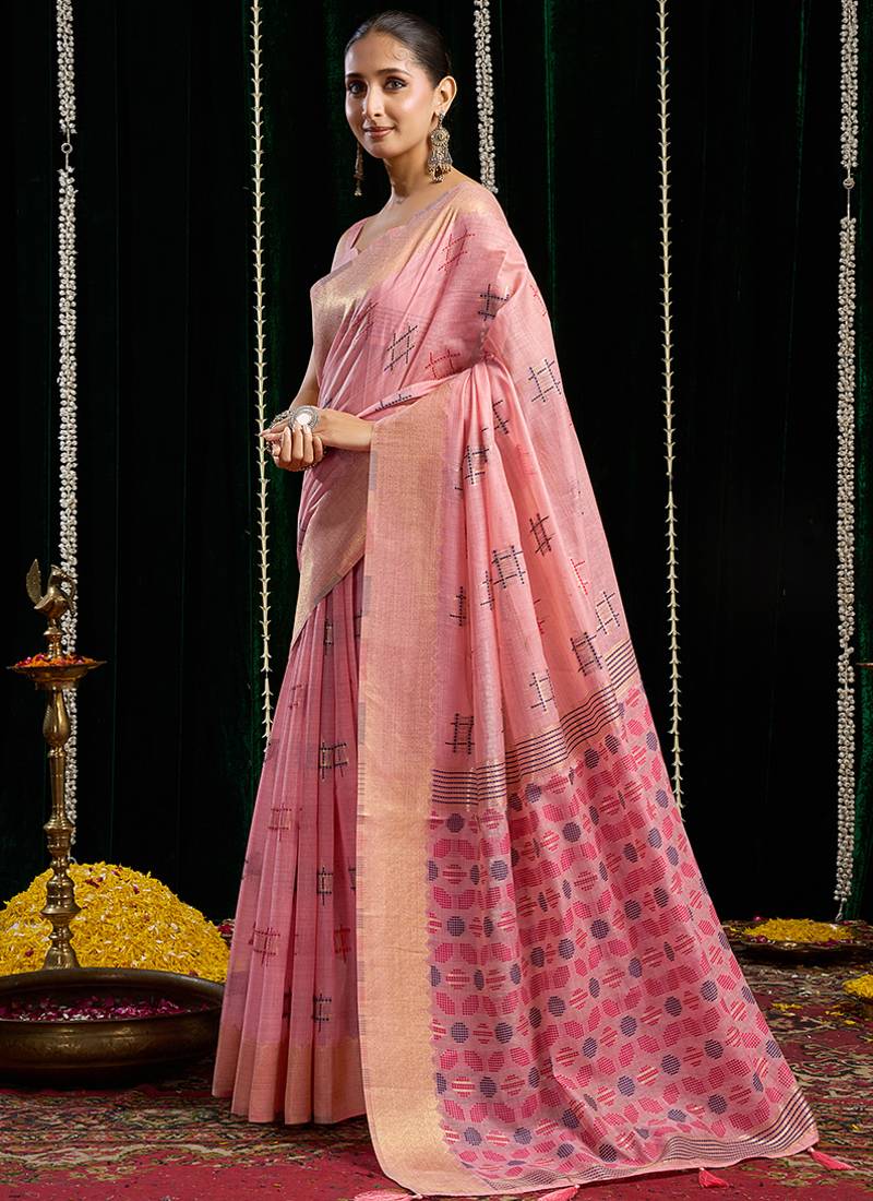 baby pink soft cotton blend jari border with zhallar festive wear saree
