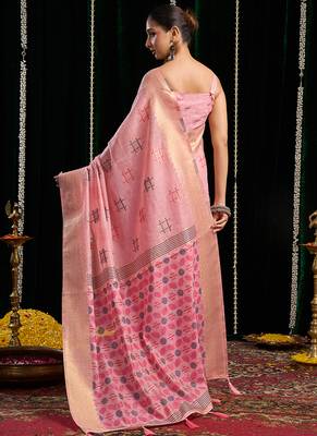 baby pink soft cotton blend jari border with zhallar festive wear saree 2