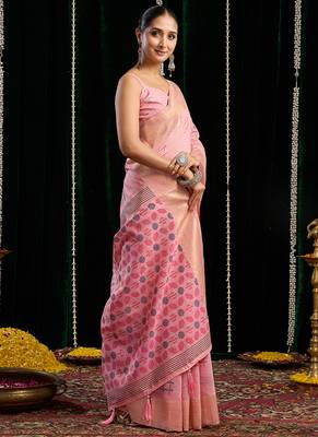 baby pink soft cotton blend jari border with zhallar festive wear saree 3