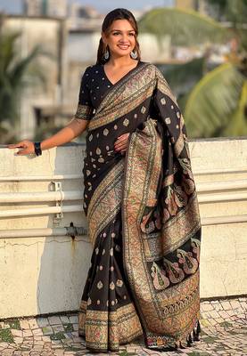 Black woven design zari silk blend saree 1