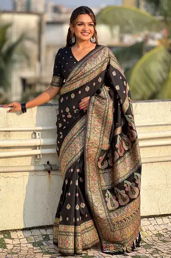 Black woven design zari silk blend saree