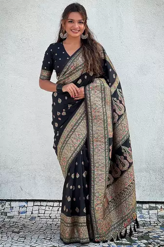 Black woven design zari silk blend saree