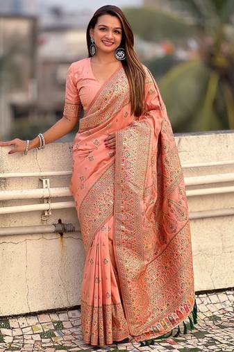 Peach woven design silk blend saree