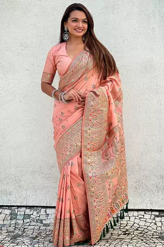 Peach woven design silk blend saree