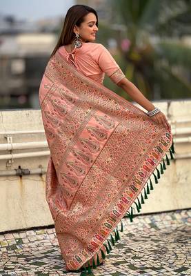 Peach woven design silk blend saree 4
