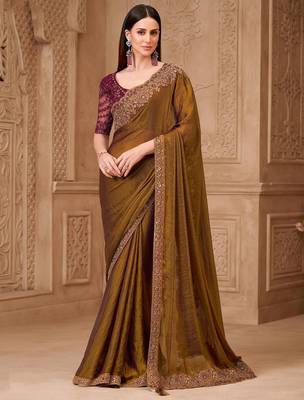 Bronze women embellished embroidered  georgette saree 1