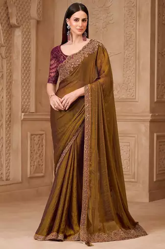 Bronze women embellished embroidered  georgette saree