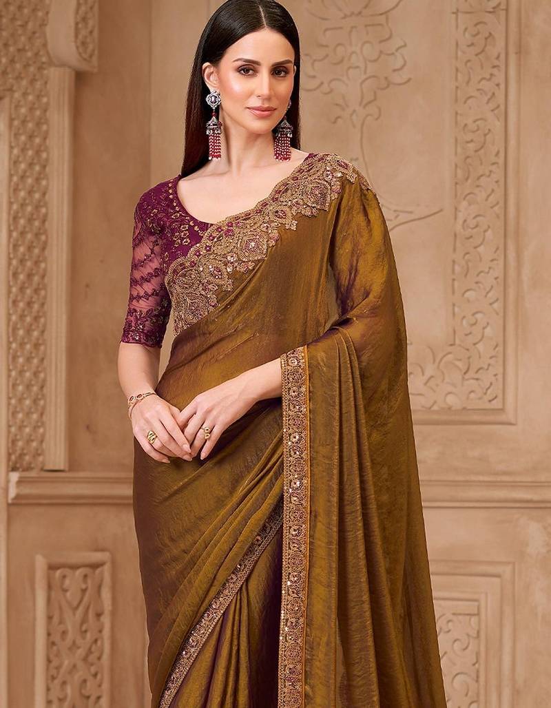 Bronze women embellished embroidered  georgette saree