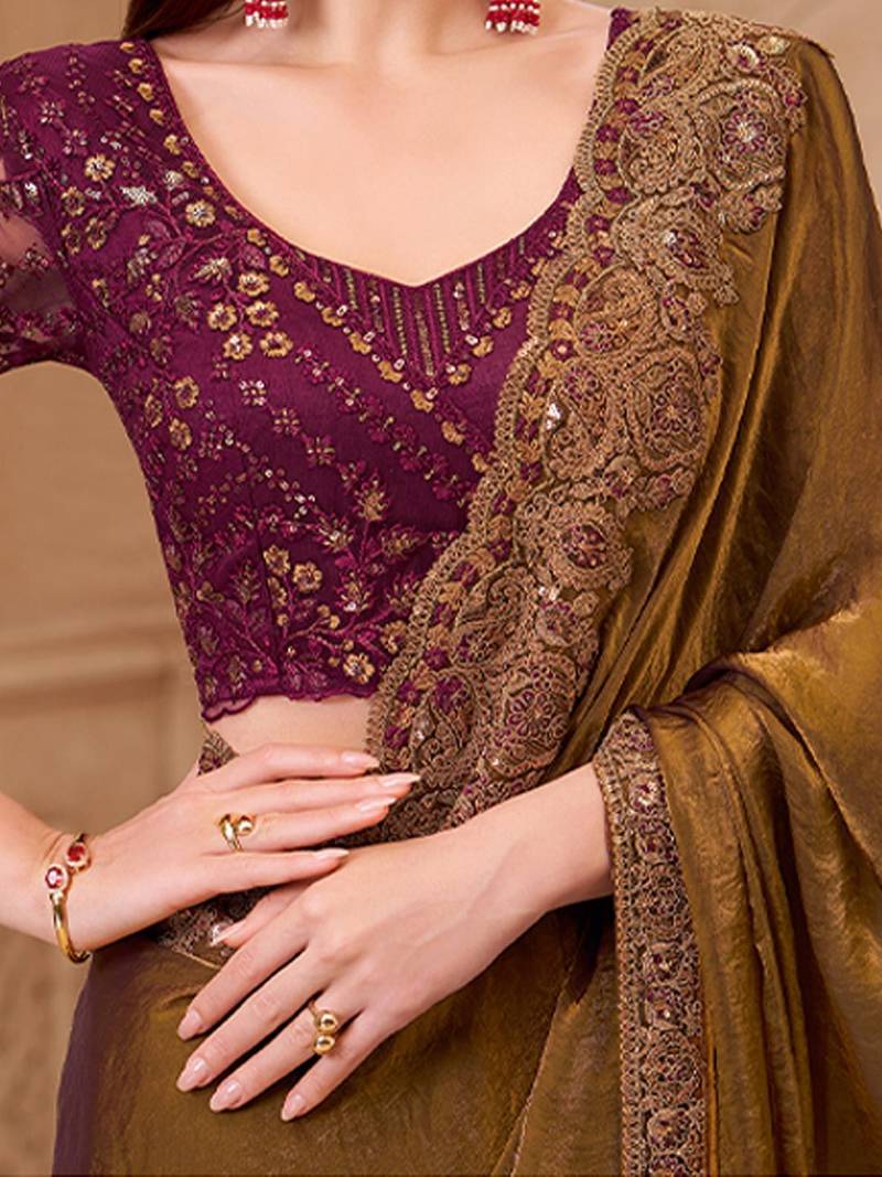 Bronze women embellished embroidered  georgette saree