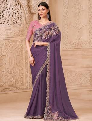 Purple floral embroidered  georgette heavy work saree 1