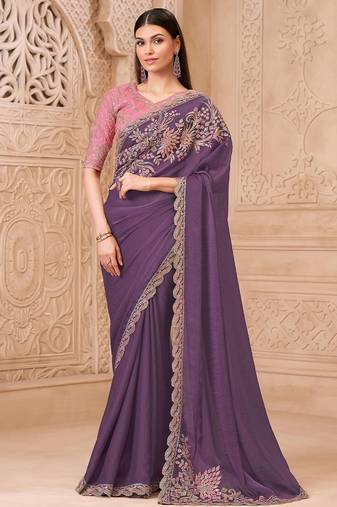 Purple floral embroidered  georgette heavy work saree