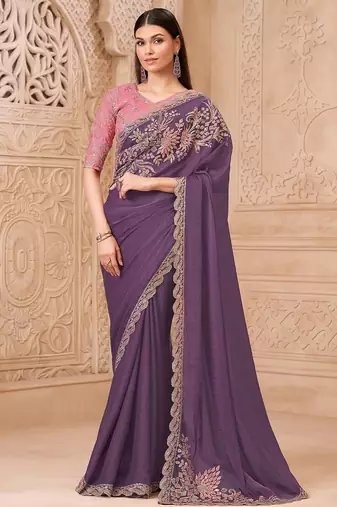 Purple floral embroidered  georgette heavy work saree