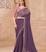 Purple floral embroidered  georgette heavy work saree