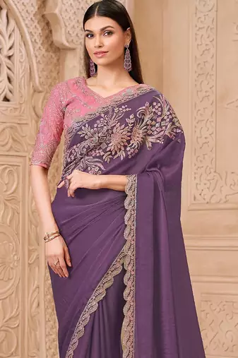 Purple floral embroidered  georgette heavy work saree