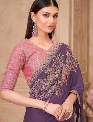 Purple floral embroidered  georgette heavy work saree 3