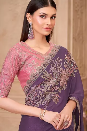 Purple floral embroidered  georgette heavy work saree