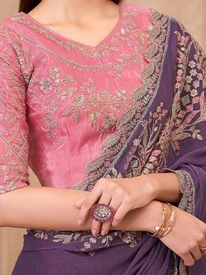 Purple floral embroidered  georgette heavy work saree 4