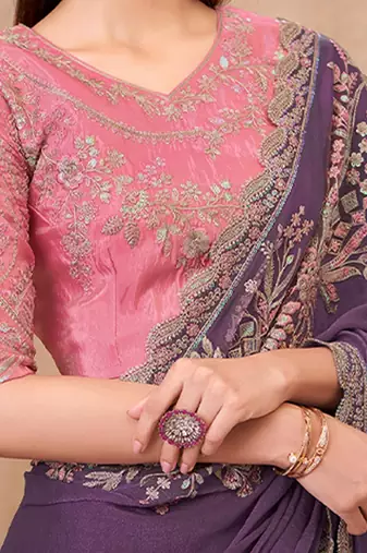 Purple floral embroidered  georgette heavy work saree