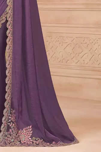 Purple floral embroidered  georgette heavy work saree