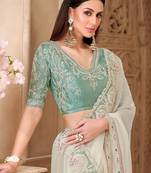 Off white ethnic motifs embroidered  georgette heavy work saree