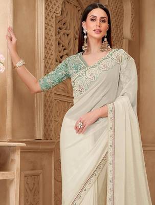 Off white ethnic motifs embroidered  georgette heavy work saree 2