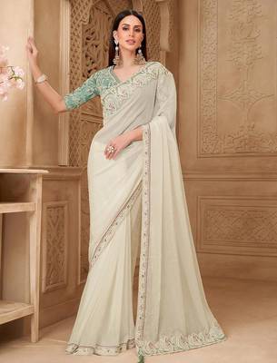 Off white ethnic motifs embroidered  georgette heavy work saree 3