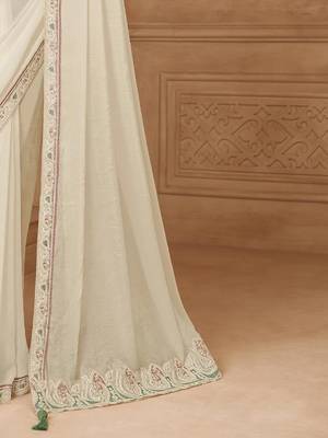 Off white ethnic motifs embroidered  georgette heavy work saree 5