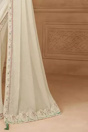 Off white ethnic motifs embroidered  georgette heavy work saree