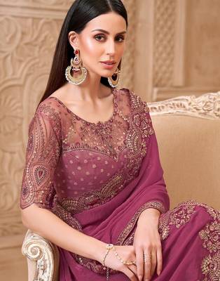 Purple ethnic motifs sequinned  georgette heavy work saree 2