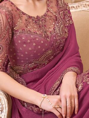 Purple ethnic motifs sequinned  georgette heavy work saree 4