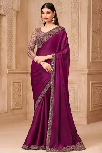 Purple embellished embroidered  georgette saree