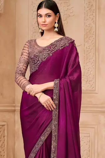 Purple embellished embroidered  georgette saree