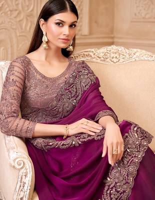 Purple embellished embroidered  georgette saree 3