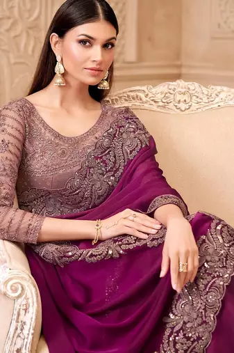 Purple embellished embroidered  georgette saree