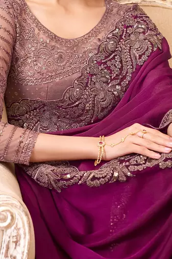 Purple embellished embroidered  georgette saree