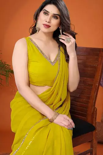 Yellow mirror work  georgette saree