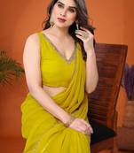 Yellow mirror work  georgette saree