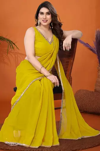 Yellow mirror work  georgette saree